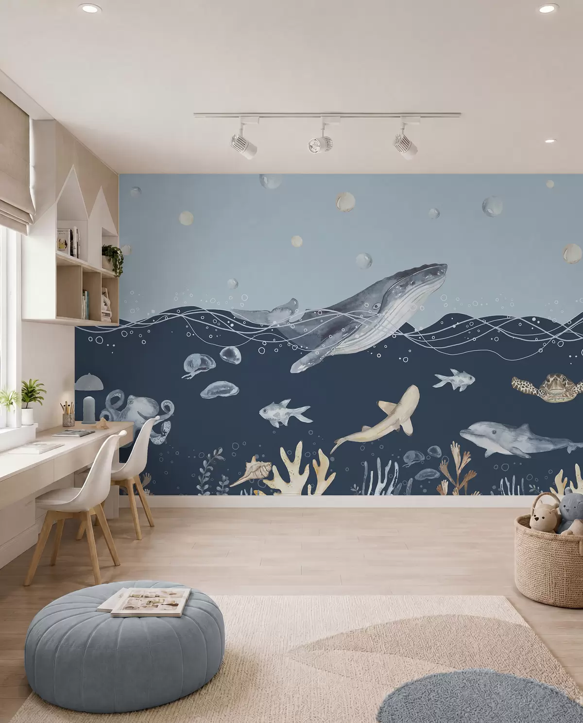 murales de pared Vida marina submarina, ballena, delfín, corales, animales marinos, tema oceánico, colores pastel u98902