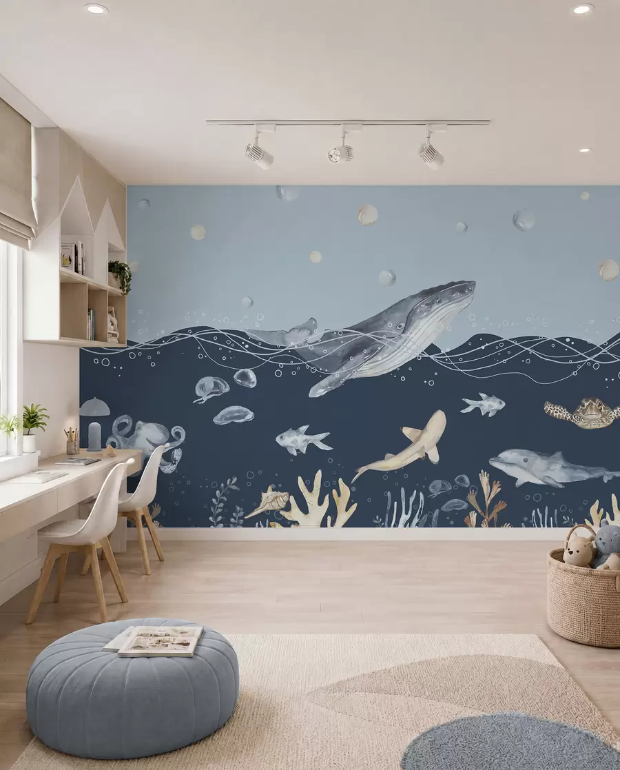 murales de pared Vida marina submarina, ballena, delfín, corales, animales marinos, tema oceánico, colores pastel u98902