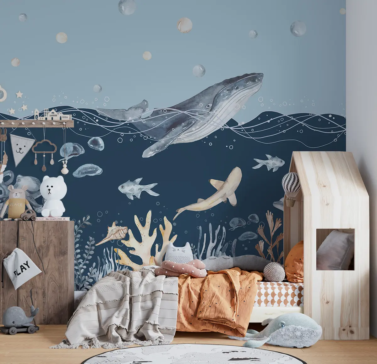murales de pared Vida marina submarina, ballena, delfín, corales, animales marinos, tema oceánico, colores pastel u98902