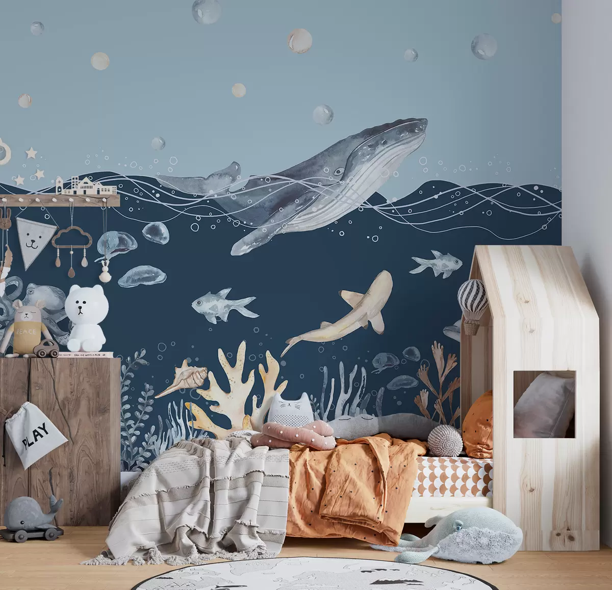 murales de pared Vida marina submarina, ballena, delfín, corales, animales marinos, tema oceánico, colores pastel u98902