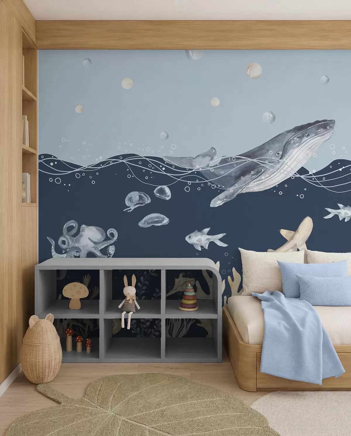 murales de pared Vida marina submarina, ballena, delfín, corales, animales marinos, tema oceánico, colores pastel u98902