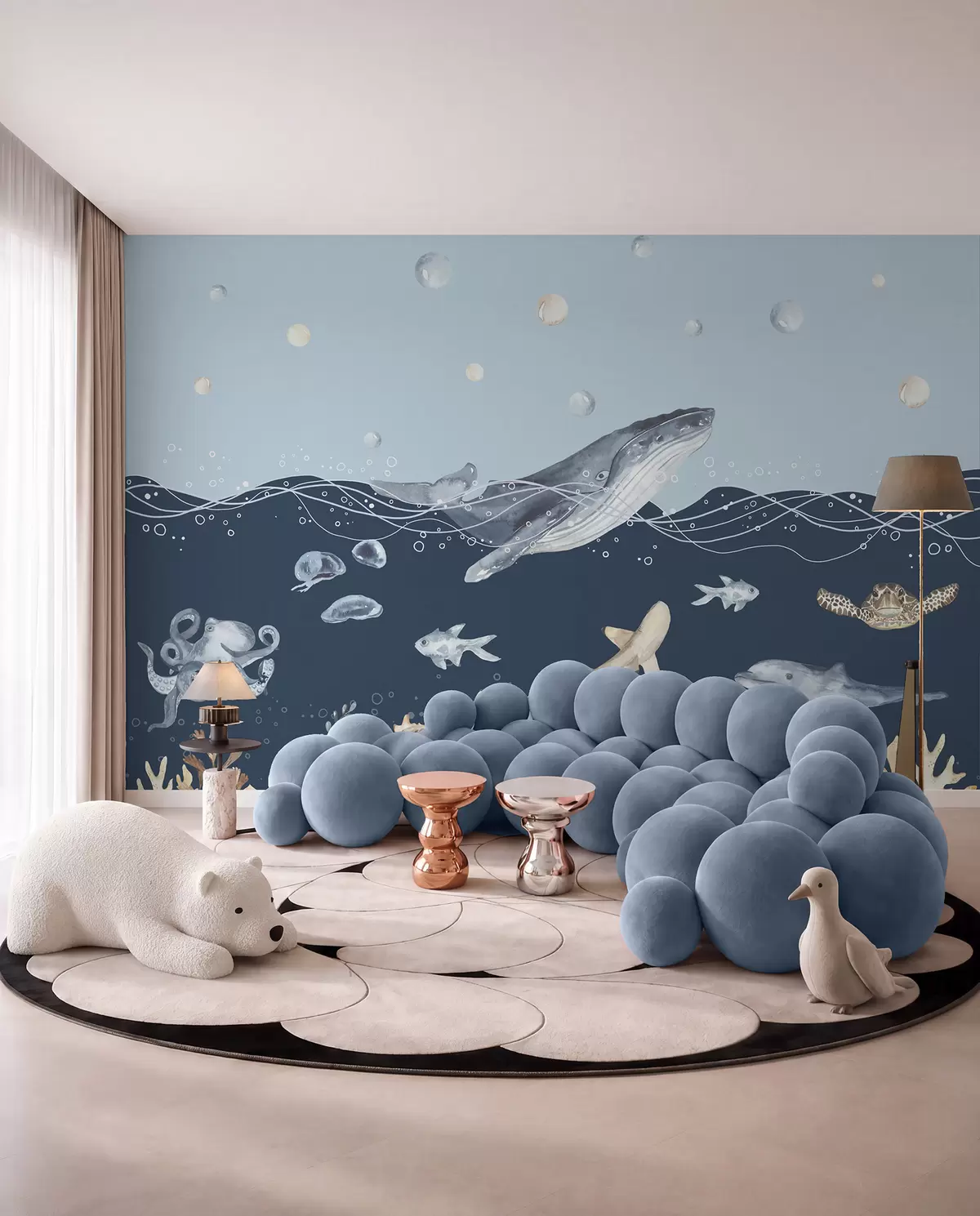 murales de pared Vida marina submarina, ballena, delfín, corales, animales marinos, tema oceánico, colores pastel u98902