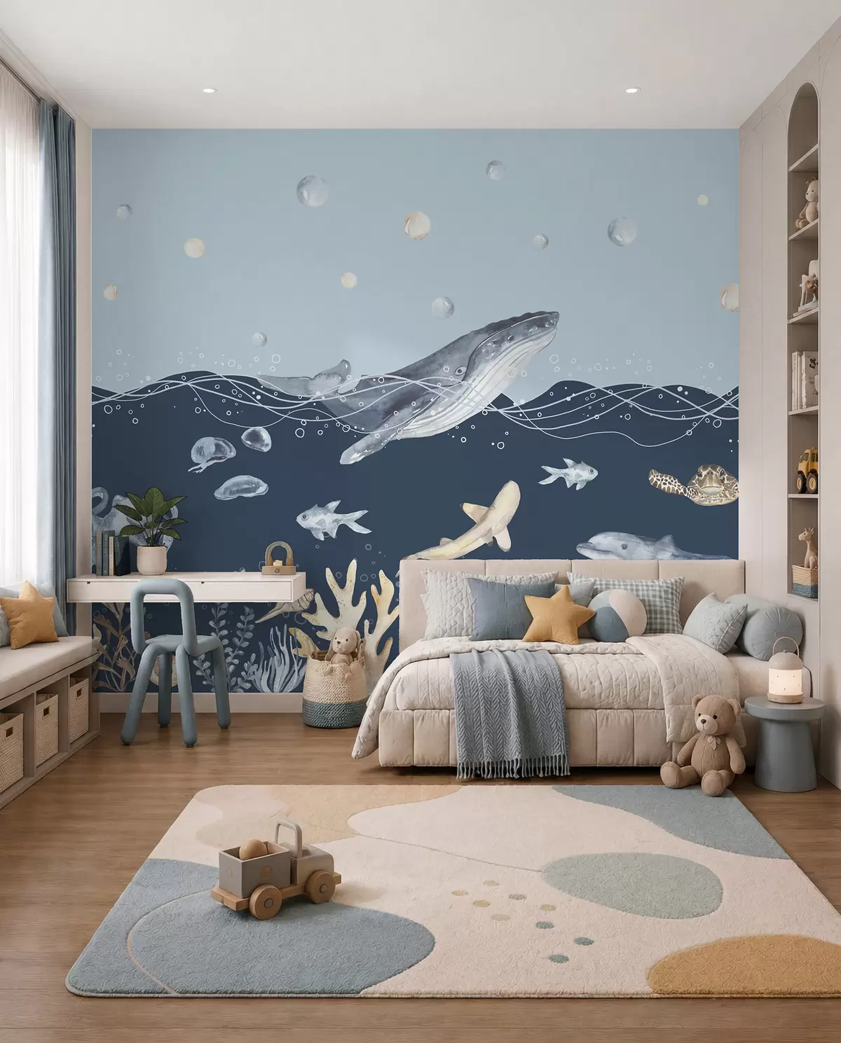 murales de pared Vida marina submarina, ballena, delfín, corales, animales marinos, tema oceánico, colores pastel u98902