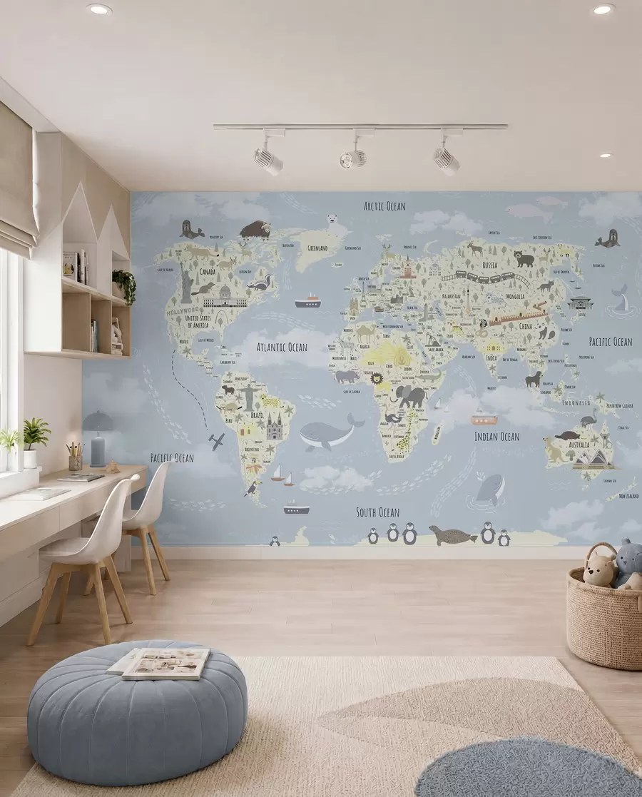 murales de pared Mapamundi infantil con animales y puntos de referencia u96587