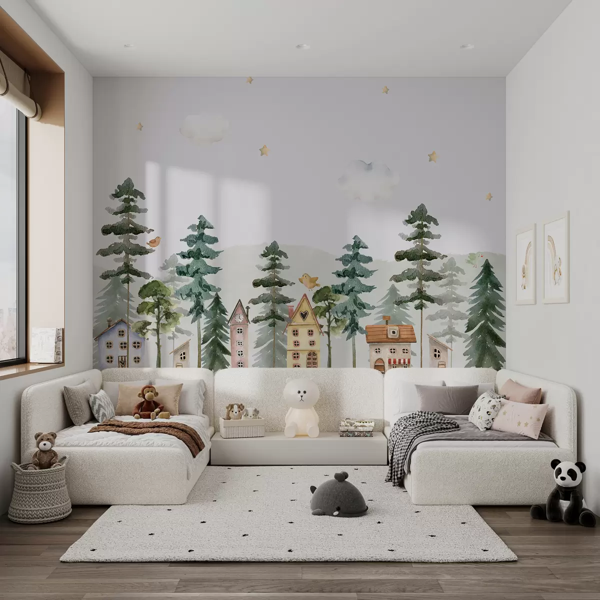 murales de pared Bosque de pinos con pájaros y bonitas casas, colores verde y beige u98989