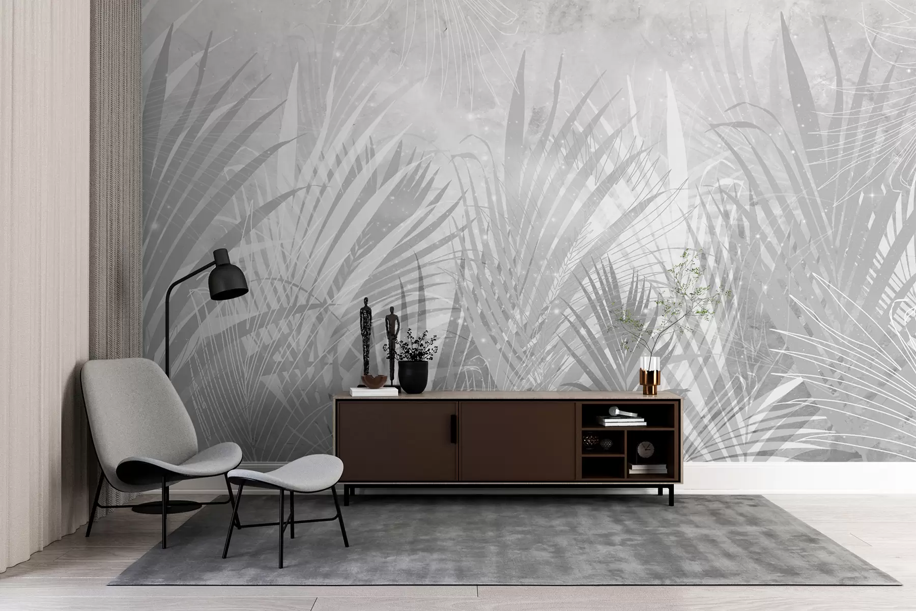 murales de pared Hojas tropicales de moda en gris u98874v2