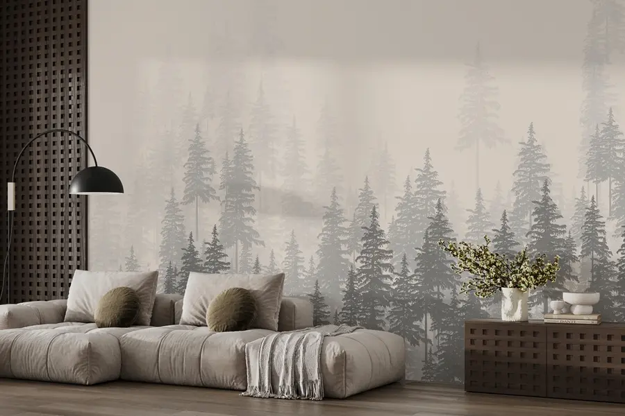 murales de pared Ilustración monocromática de un bosque siempre verde u99076