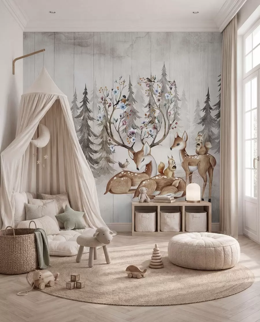 murales de pared Bosque de acuarelas con renos u98679