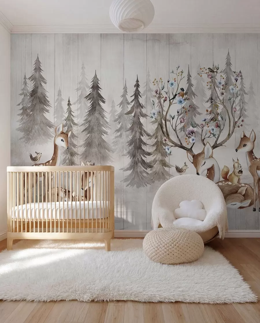 murales de pared Bosque de acuarelas con renos u98679