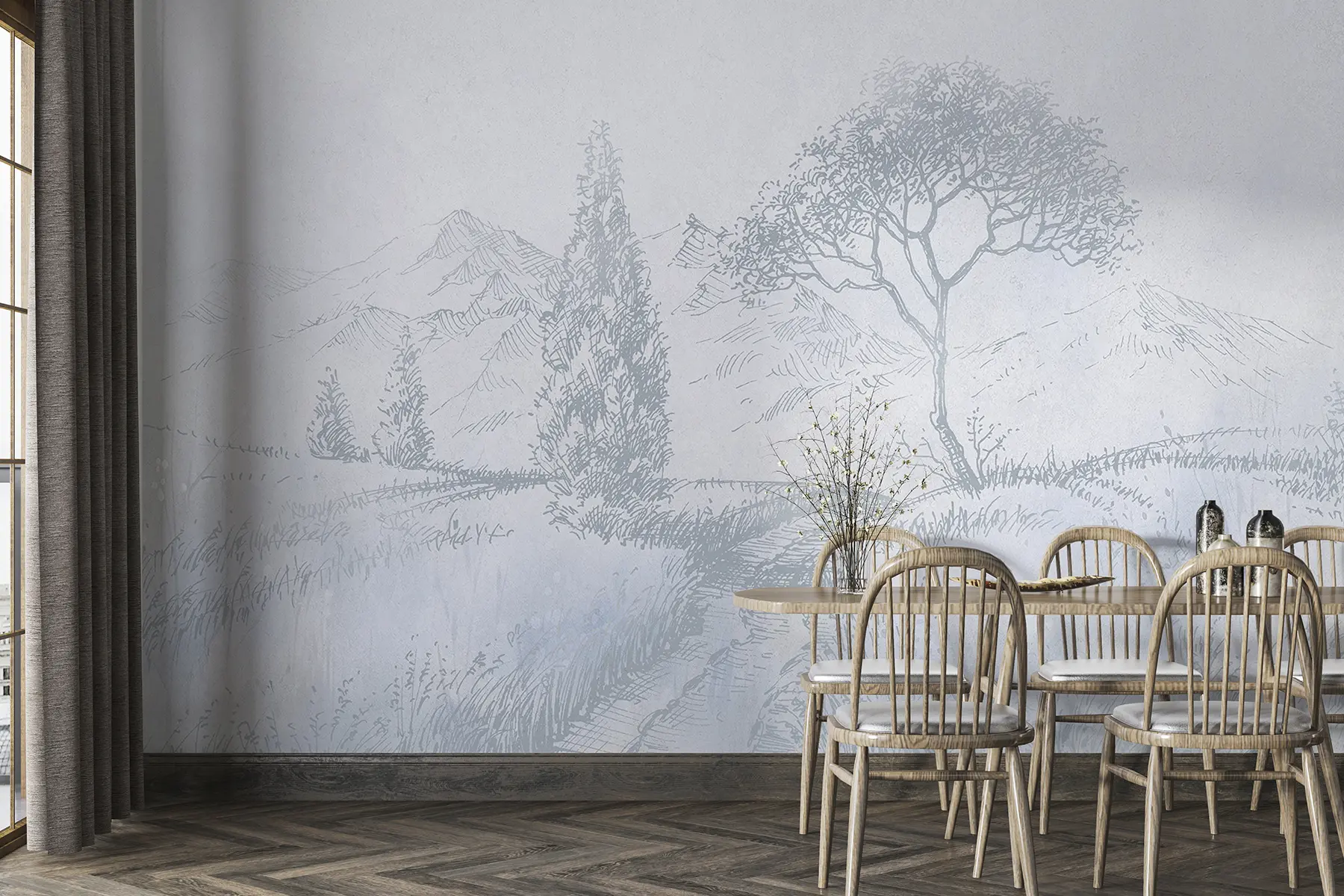 murales de pared Paisaje de Toscana, árbol, campo, minimalismo, colores azules naturales u99570v2