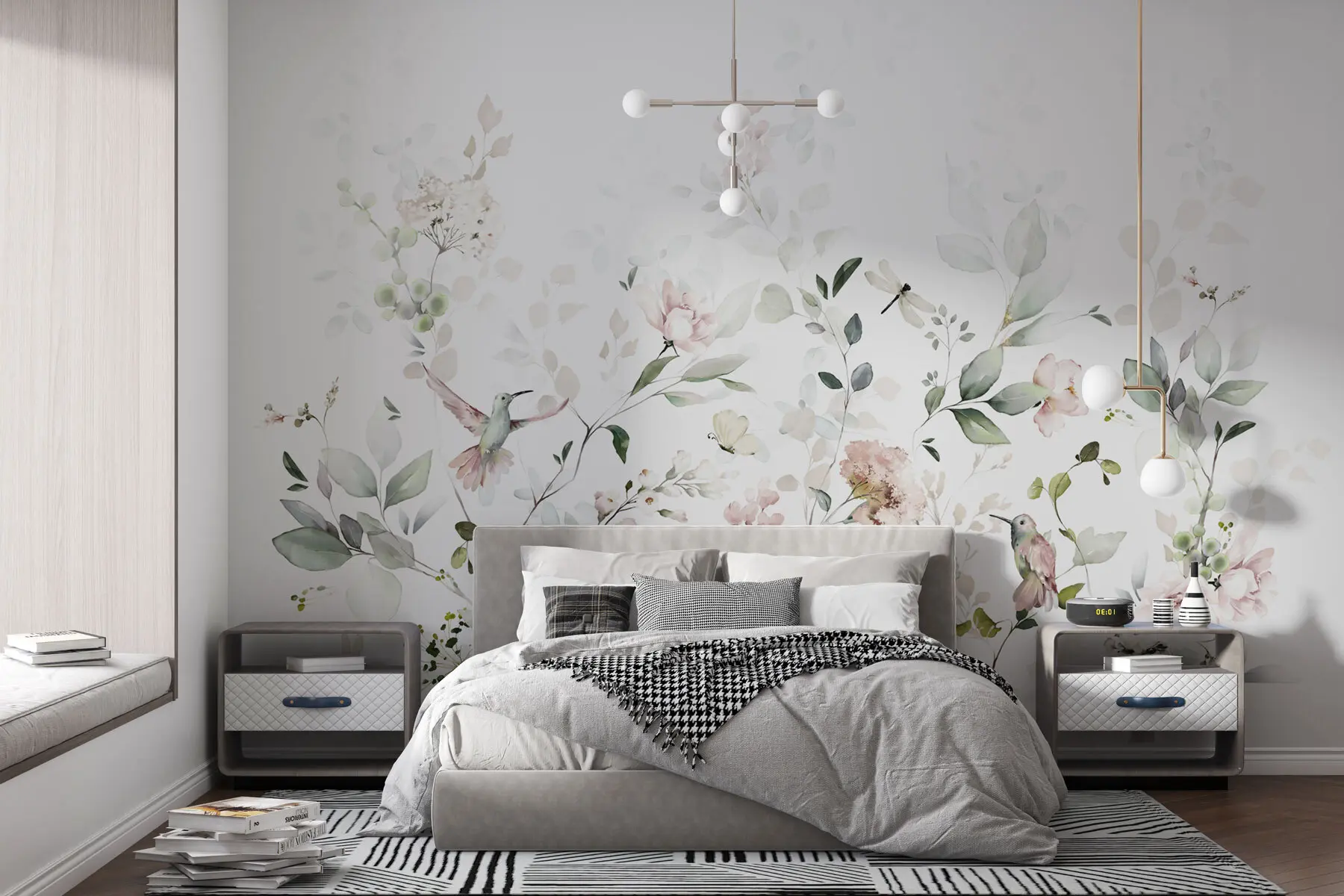 murales de pared Rosas de jardín, hojas, pájaros sobre fondo blanco u99551